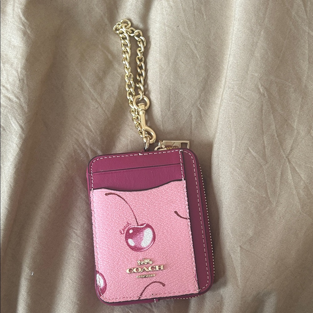 Coach Pink Cherry Card Holder with Gold Chain